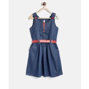 Generic Girl's Denim Solid Sleeveless Round Neck Dress (Blue)