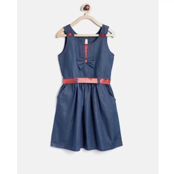 Generic Girl's Denim Solid Sleeveless Round Neck Dress (Blue)