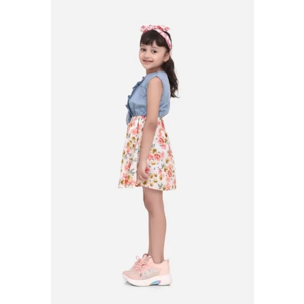 Generic Girl's Denim-Cotton Floral Printed Sleeveless Round Neck Dress (Multicolor) - Image 3