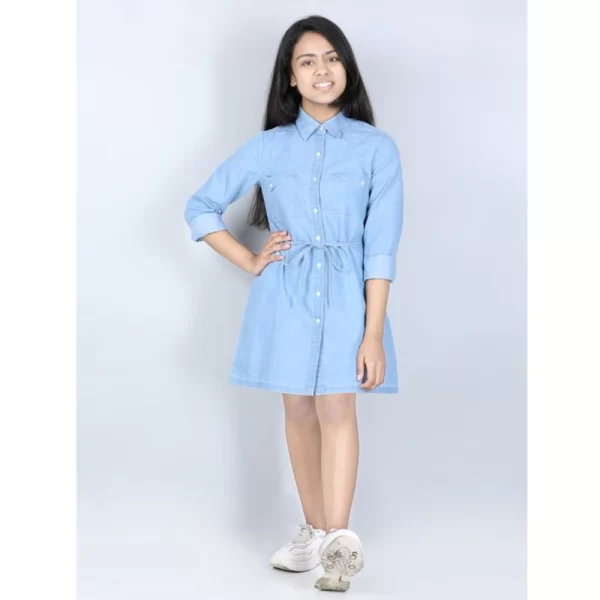 Generic Girl's Denim Solid Long Sleeve Shirt collar Dress (Blue) - Image 4