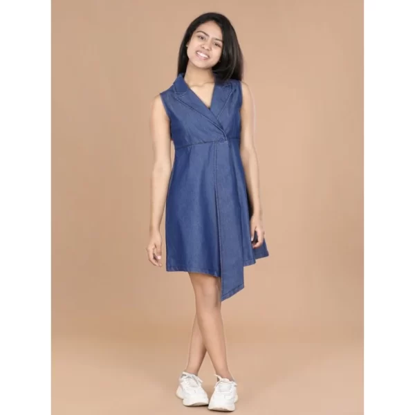 Generic Girl's Denim Solid Sleeveless Shirt collar Dress (Blue) - Image 4