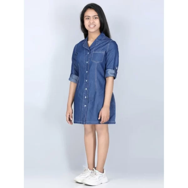 Generic Girl's Denim Solid Long Sleeve Shirt collar Dress (Blue) - Image 3