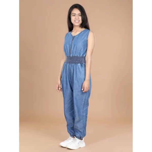 Generic Girl's Denim Solid Shoulder Straps V-Neck Dress (Blue) - Image 3