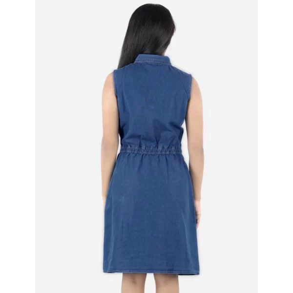 Generic Girl's Denim Solid Sleeveless Shirt collar Dress (Blue) - Image 4
