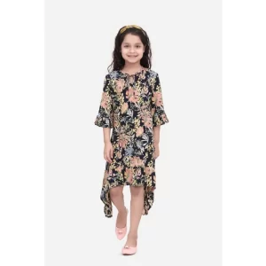 Generic Girl's Rayon Striped Bell Sleeve Round Neck Dress (Multicolor)
