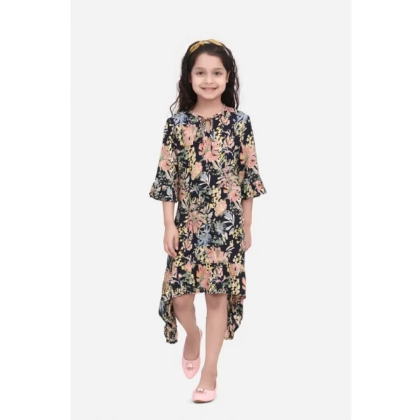 Generic Girl's Rayon Striped Bell Sleeve Round Neck Dress (Multicolor)