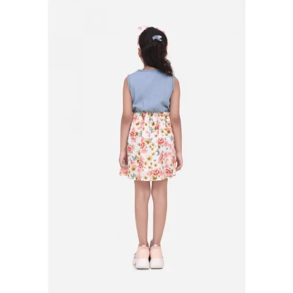 Generic Girl's Denim-Cotton Floral Printed Sleeveless Round Neck Dress (Multicolor) - Image 4