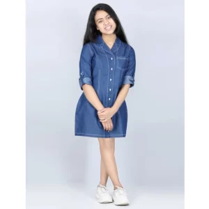 Generic Girl's Denim Solid Long Sleeve Shirt collar Dress (Blue)