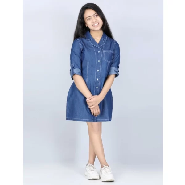 Generic Girl's Denim Solid Long Sleeve Shirt collar Dress (Blue)