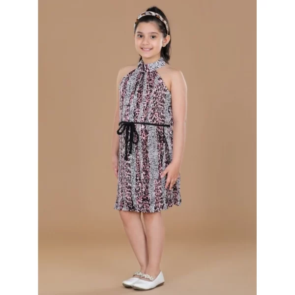 Generic Girl's Polyester Crepe Printed Sleeveless Round Neck Dress (Black-Pink) - Image 3