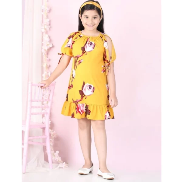 Generic Girl's Polyester Crepe Floral Printed Slit Sleeve Round Neck Dress (Yellow-Red) - Image 4
