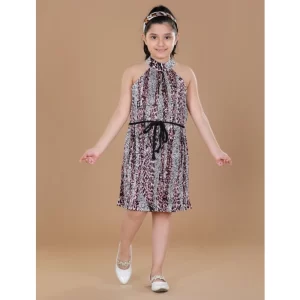 Generic Girl's Polyester Crepe Printed Sleeveless Round Neck Dress (Black-Pink)