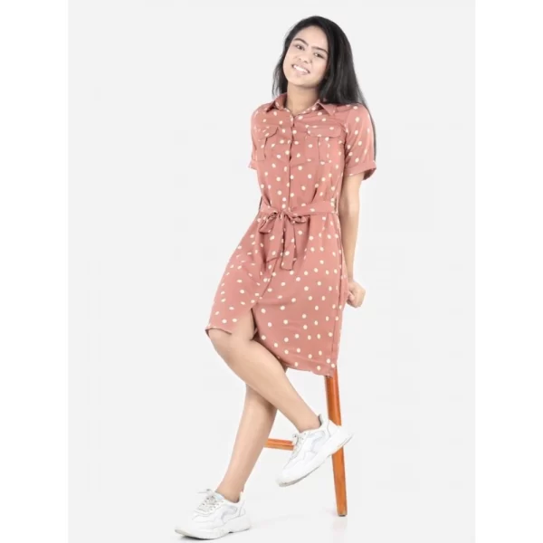 Generic Girl's Polyester Printed Short Sleeve Shirt collar Dress (Brown) - Image 3