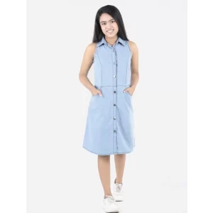 Generic Girl's Denim Solid Sleeveless Shirt collar Dress (Blue)
