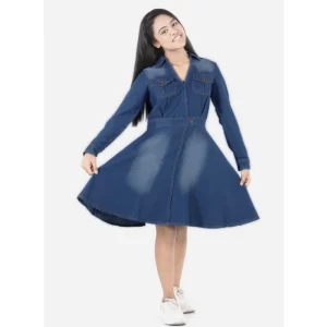 Generic Girl's Denim Solid Long Sleeve Shirt collar Dress (Blue)