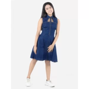 Generic Girl's Denim Solid Sleeveless Shirt collar Dress (Blue)