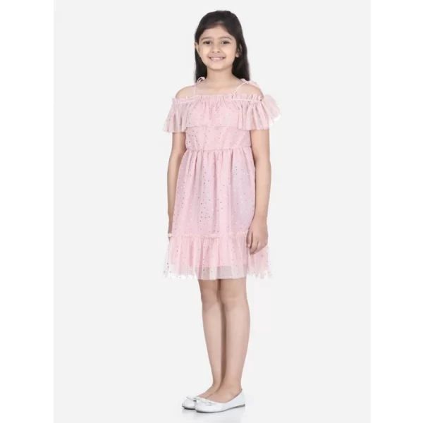 Generic Girl's Polyester Net Embellished Short Sleeve Shoulder Straps Dress (Pink) - Image 3