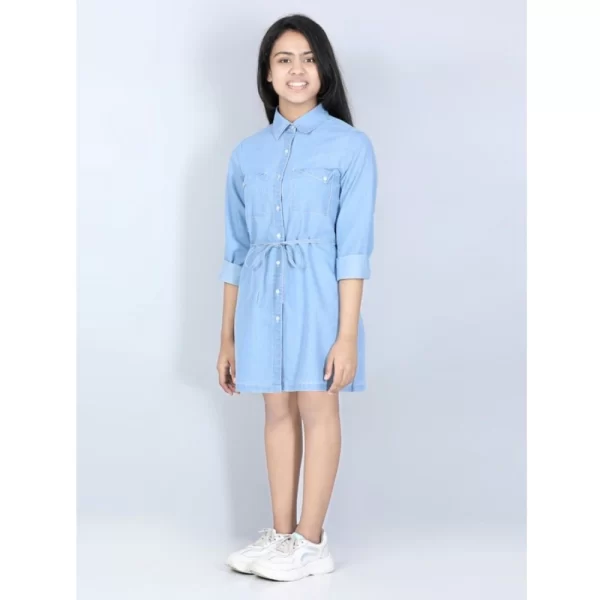 Generic Girl's Denim Solid Long Sleeve Shirt collar Dress (Blue) - Image 3
