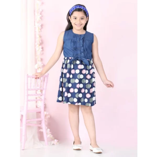 Generic Girl's Denim  Rayon Printed Sleeveless Round Neck Dress (Blue) - Image 4