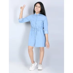 Generic Girl's Denim Solid Long Sleeve Shirt collar Dress (Blue)