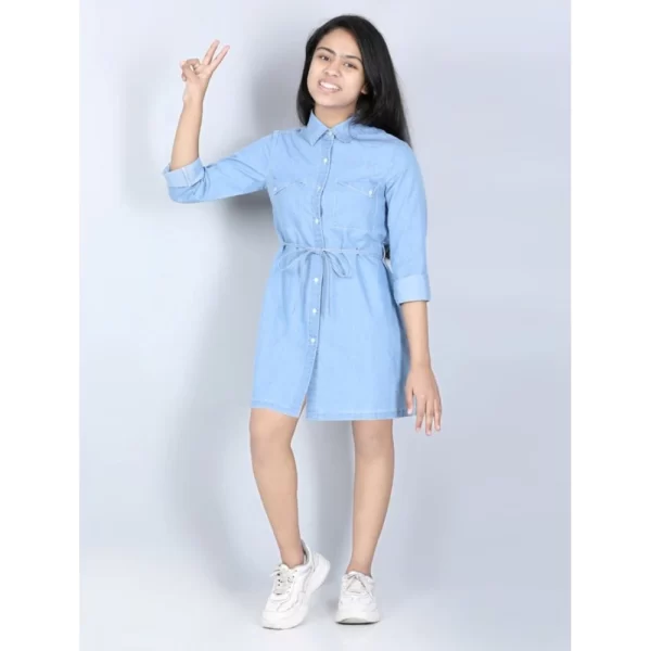 Generic Girl's Denim Solid Long Sleeve Shirt collar Dress (Blue)