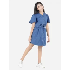 Generic Girl's Denim Solid Short Sleeve V-Neck Dress (Blue)