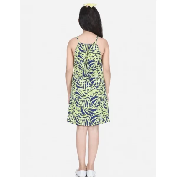 Generic Girl's Polyester Floral Printed Short Sleeve Round Neck Dress (Blue-Yellow) - Image 4