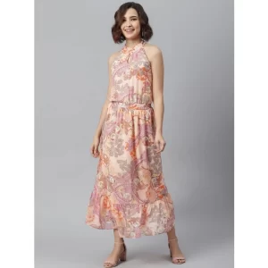Generic Women's Polyester Maxi Halter Neck Sleeveless Dress (Peach)