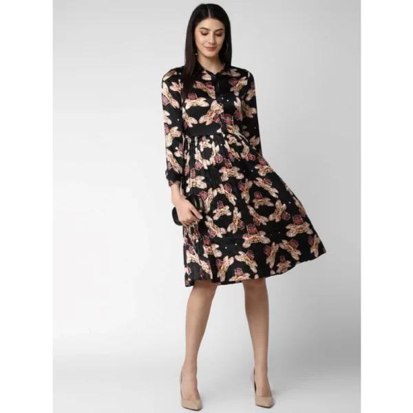 Generic Women's Polyester Pleated Collar Neck Long Sleeves Dress (Black) - Image 3