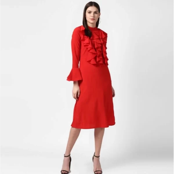 Generic Women's Polyester Ruffled Close Neck Long Sleeves Dress (Red) - Image 4