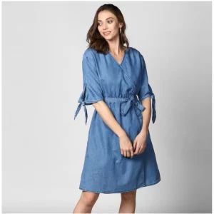 Generic Women's Denim Solid V-Neck Tie Ups Dress (Blue)