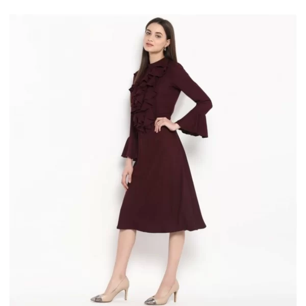 Generic Women's Polyester Ruffled Close Neck Bell Sleeve Dress (Maroon) - Image 3