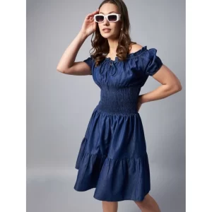Generic Women's Denim Solid Off-Shoulder Short Sleeve Dress (Blue)