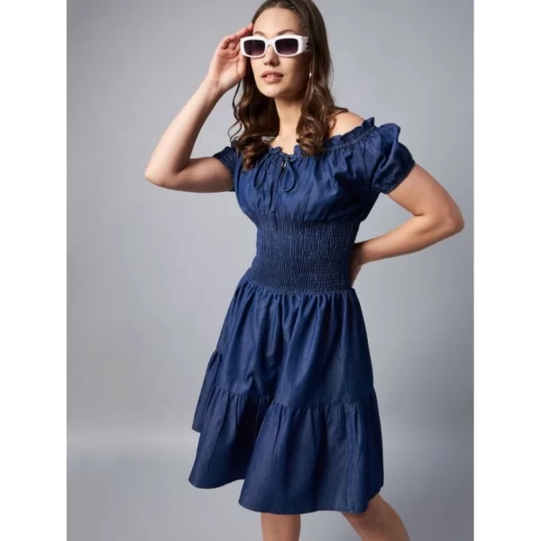 Generic Women's Denim Solid Off-Shoulder Short Sleeve Dress (Blue)