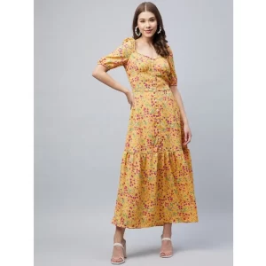 Generic Women's Polyester Moss Floral Square Neck Half Sleeve Dress (Pink)