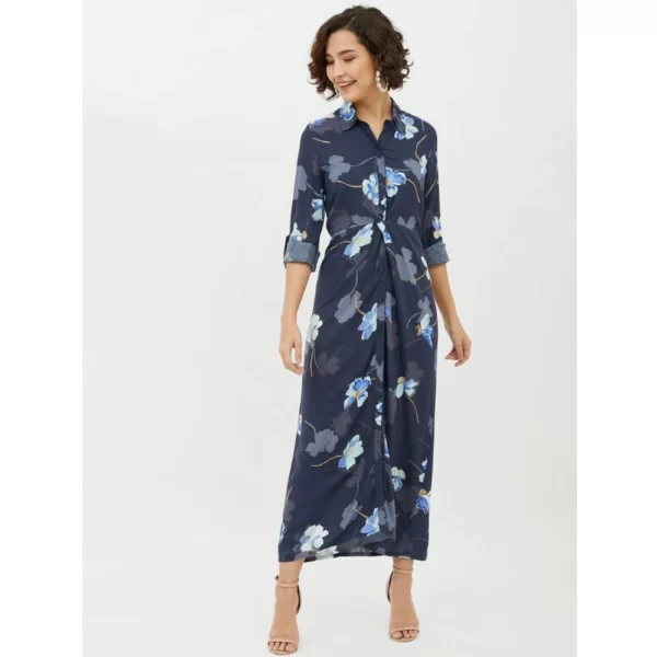 Generic Women's Rayon Floral Collar Neck Long Sleeves Dress (Blue) - Image 3