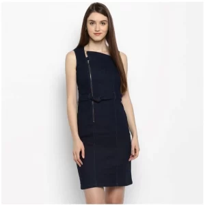 Generic Women's Denim Solid Square Neck Sleeveless Dress (Blue)