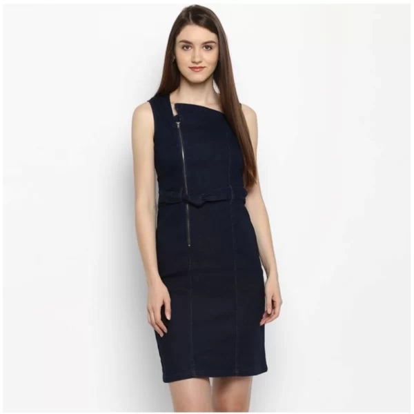 Generic Women's Denim Solid Square Neck Sleeveless Dress (Blue)