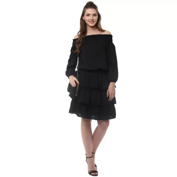 Generic Women's Polyester Moss Solid Off-Shoulder Long Sleeves Dress (Black) - Image 3