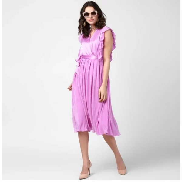 Generic Women's Polyester Pleated V-Neck Flutter Dress (Lavender) - Image 3