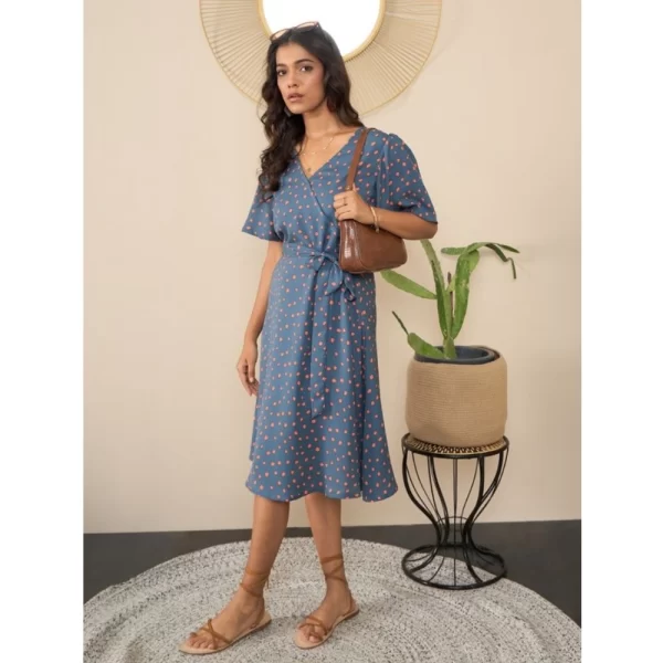 Generic Women's Polyester Moss Polka V-Neck Bell Sleeve Dress (Grey) - Image 3