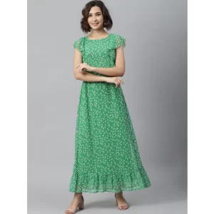Generic Women's Polyester Floral Round Neck Short Sleeve Dress (Green)