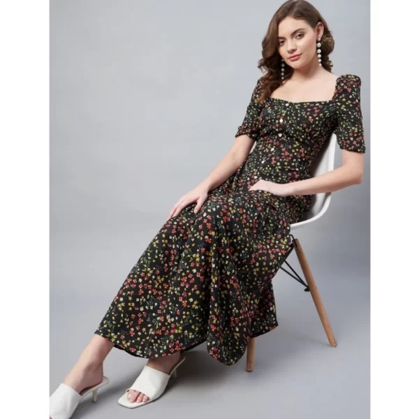 Generic Women's Polyester Moss Floral Square Neck Half Sleeve Dress (Black) - Image 4