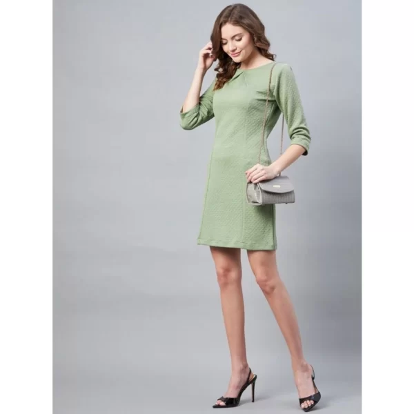 Generic Women's Polyester Jacquard Self Design Round Neck 3/4th Sleeves Dress (Olive) - Image 3