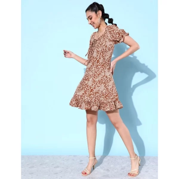 Generic Women's Polyester Crepe Floral Square Neck Short Sleeve Dress (Rust) - Image 3