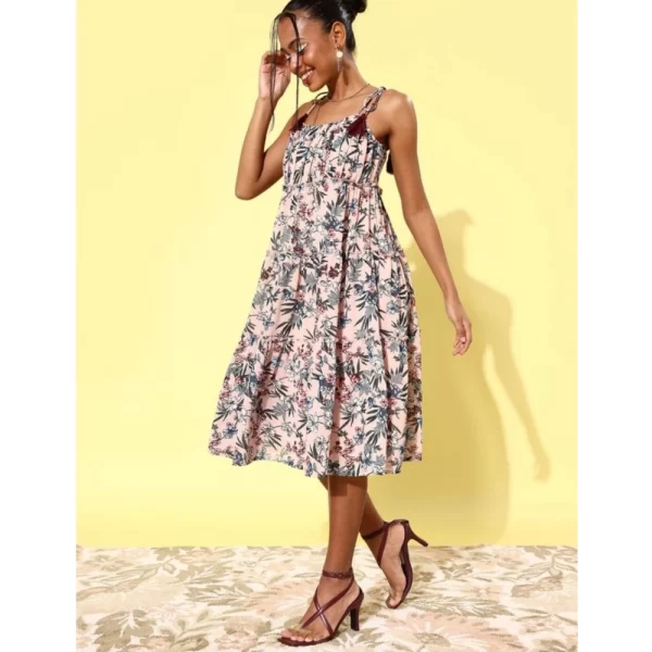 Generic Women's Georgette Floral Square Neck Sleeveless Dress (Peach) - Image 3