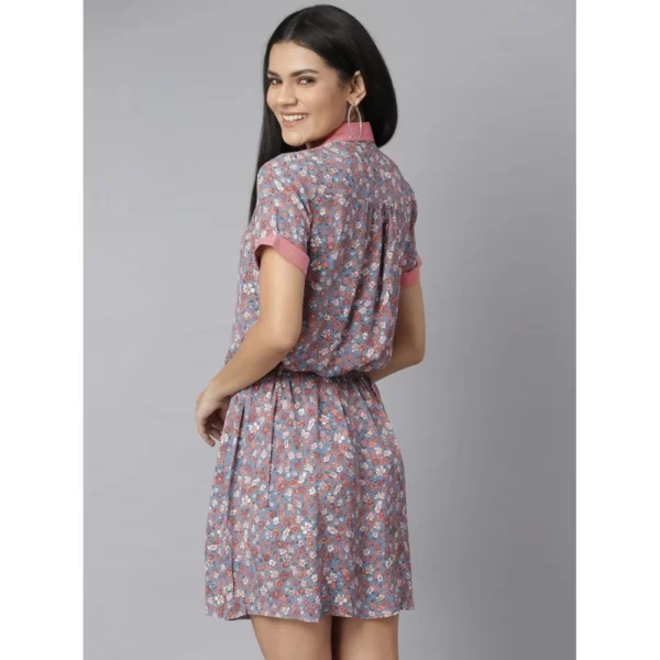 Generic Women's Polyester Moss Floral Collar Neck Short Sleeve Dress (Grey-Red) - Image 4