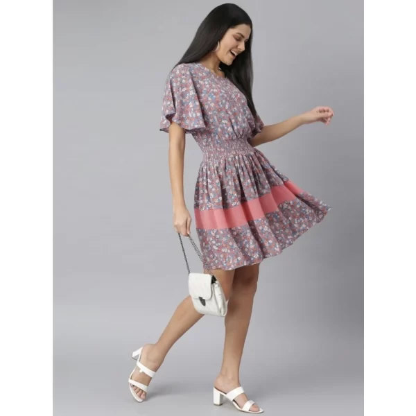 Generic Women's Polyester Moss Floral Round Neck Flutter Dress (Grey-Red) - Image 3