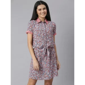 Generic Women's Polyester Moss Floral Collar Neck Short Sleeve Dress (Grey-Red)