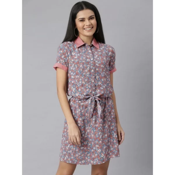 Generic Women's Polyester Moss Floral Collar Neck Short Sleeve Dress (Grey-Red)